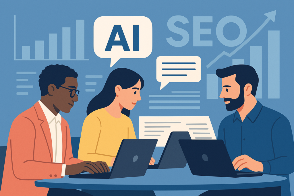 Profissionais usando laptops e ferramentas de IA com dados de SEO ao fundo.
